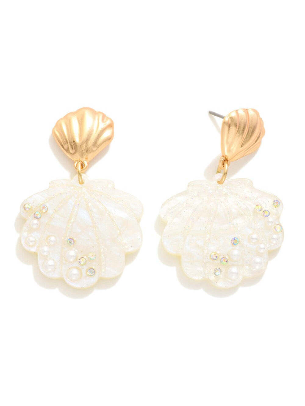 Gold Seashell Drop Earrings White Acetate Shell Pearl Rhinestone Beach Coastal
